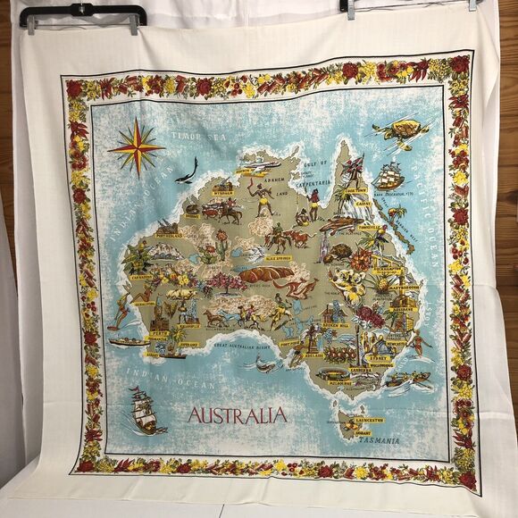 Vtg Australia Wall Hanging Linen Table Cloth Map Large 54" x 51" Kangaroo Floral - Picture 12 of 12